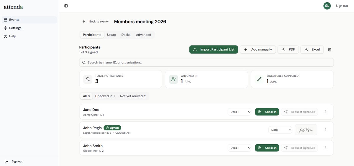 Attenda import participant list screen with dashed upload area, Import a participant list heading, Choose file and Download template buttons, and instructions to upload CSV or Excel with ID Name and Company columns