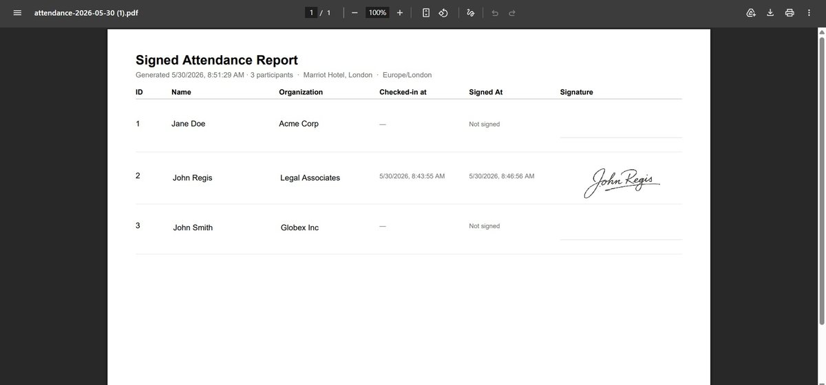 Attenda participant list after import showing 3 total participants 0 checked in 0 signatures captured, with Jane Doe John Regis and John Smith listed with Check in buttons