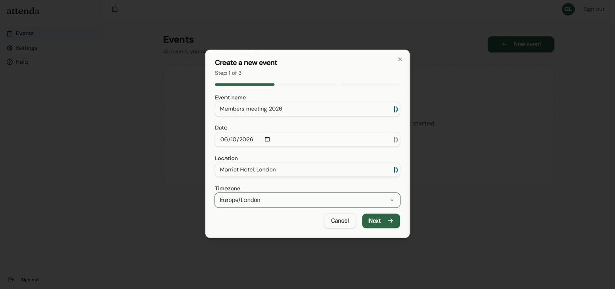Attenda admin panel showing John Regis with Checked in and Currently requested green badges and a Cancel request option confirming the signature request is live on the kiosk