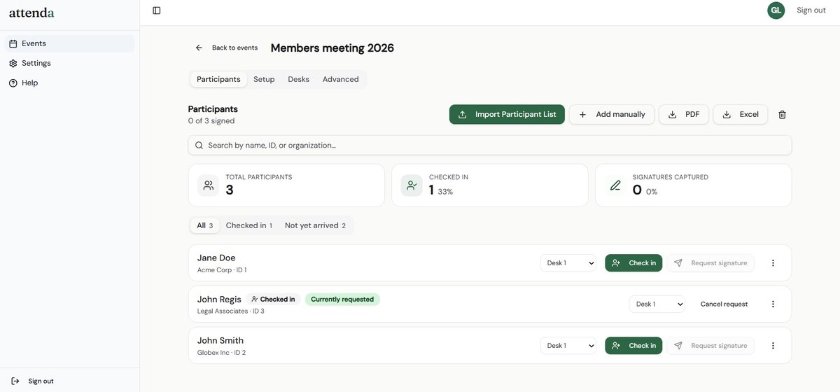 Attenda admin panel showing John Regis with a green Signed badge, timestamp 10:09:05 AM, and a thumbnail of his handwritten signature visible in the participant row