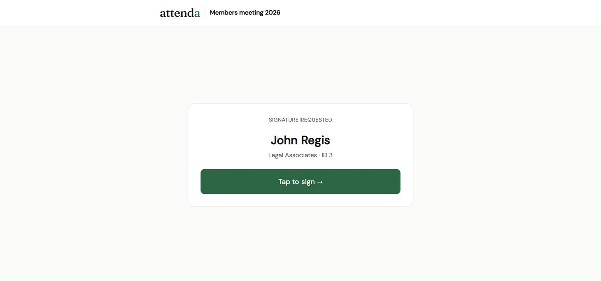 Attenda signed attendance report PDF showing a table with ID Name Organization Checked-in at Signed At and Signature columns. John Regis shows timestamps and his handwritten cursive signature. Jane Doe and John Smith show Not signed.