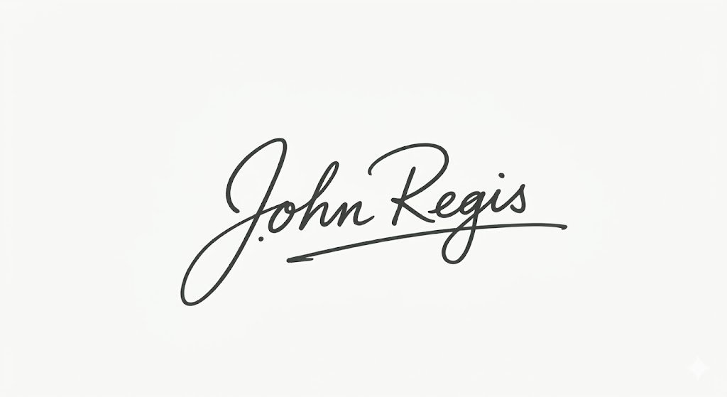 A handwritten electronic signature for John Regis drawn on a tablet screen using Attenda event check-in software, showing a cursive signature with an underline flourish